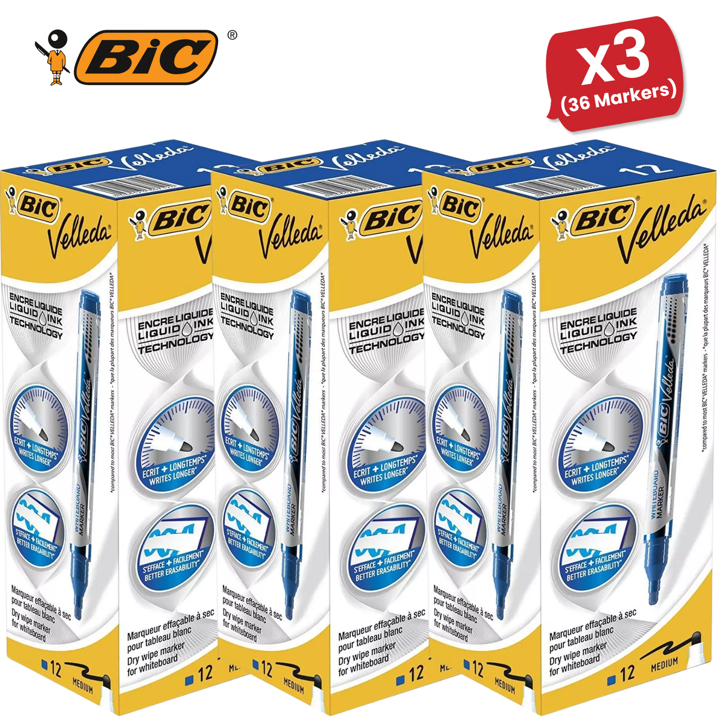 BIC Velleda Liquid Ink Dry Wipe Markers - Blue Ink, Smooth Writing, Pack of 12