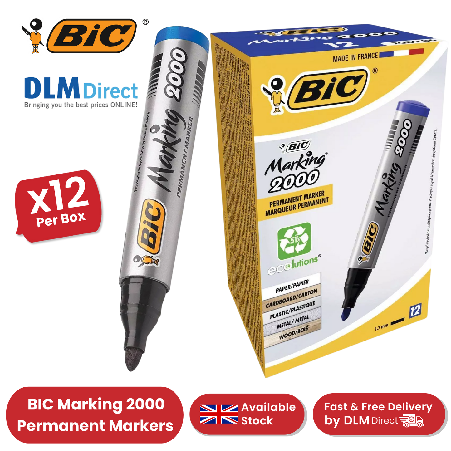 BIC Marking 2000 ECOlutions Permanent Bullet Tip Markers Blue - Box of 12 - 1 to 5 Packs