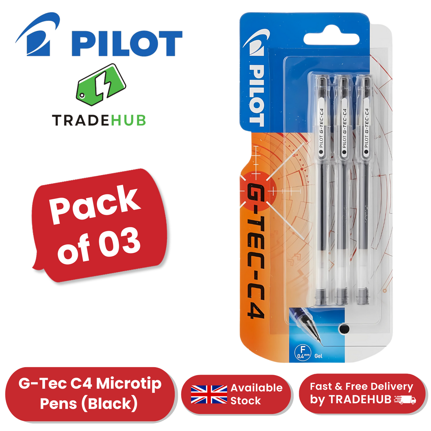 Pilot G - Tec C4 Gel Microtip Rollerball Pen, 0.4 mm Tip Black - Pack of 3