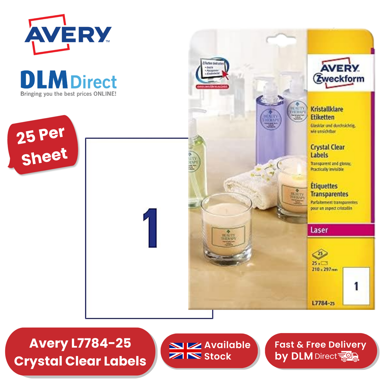 Avery L7784-25 Crystal Clear Labels, 25 per sheet, 210 x 297 mm - 1 to 5