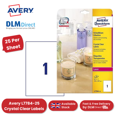 Avery L7784-25 Crystal Clear Labels, 25 per sheet, 210 x 297 mm - 1 to 5