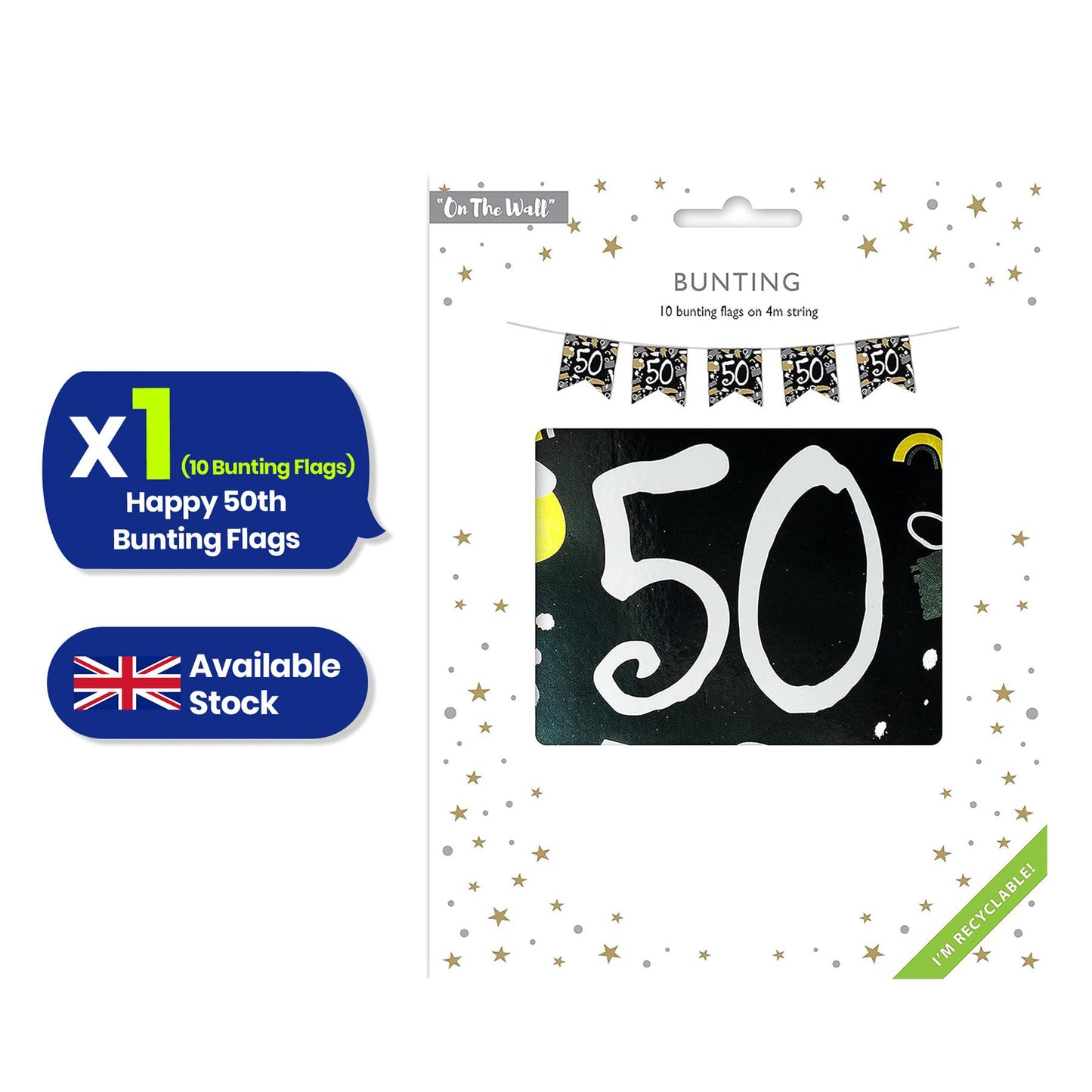 On The Wall Happy 50th Birthday Bunting 4m with 10 Flags, Ready to Hang