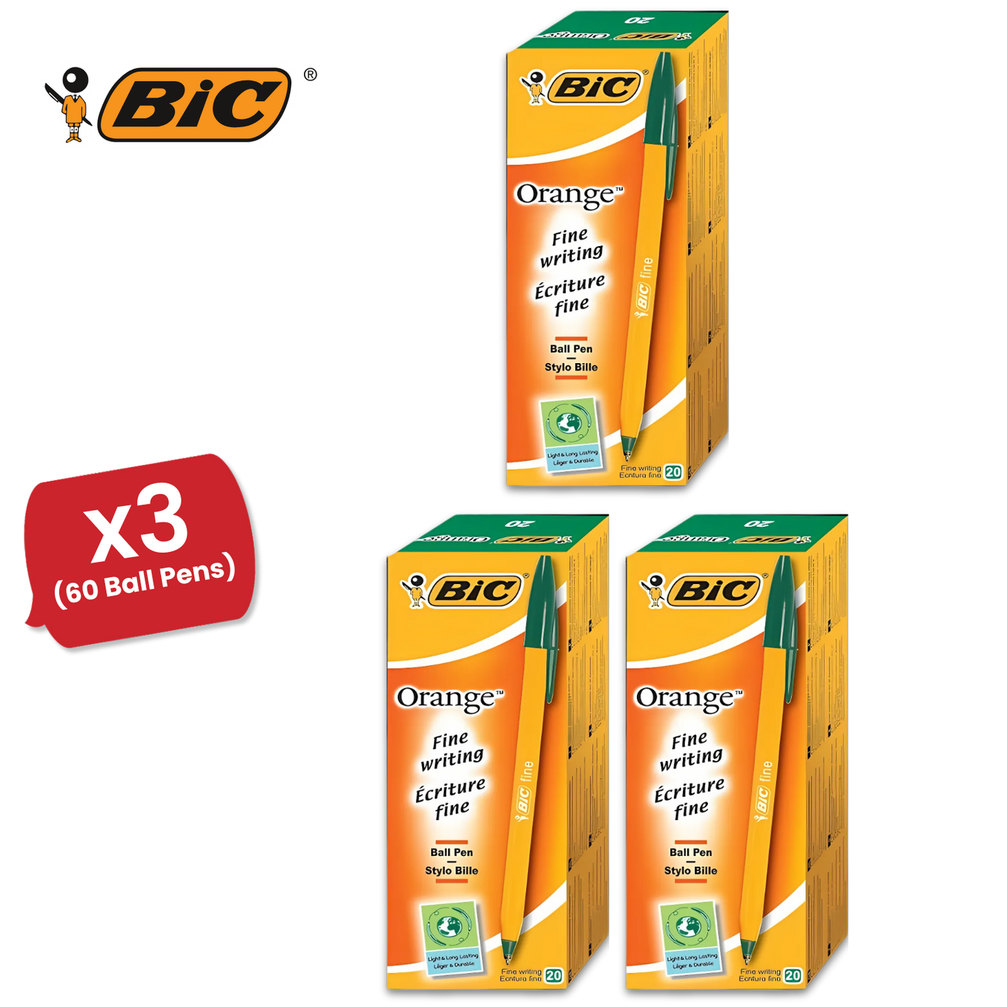 Bic Orange Ball Pen Fine Green PK20 1 to 5 Packs