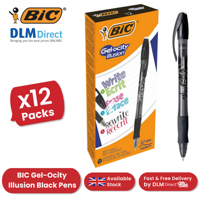 BIC Gel-Ocity Illusion 0.7mm Erasable Gel Pens Black - Pack of 12 Refillable
