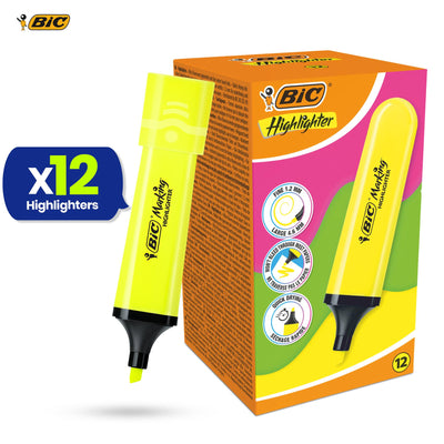BIC 12x Marking Highlighter Flat Marker Neon Yellow Modular Tip for Precise Highlighting