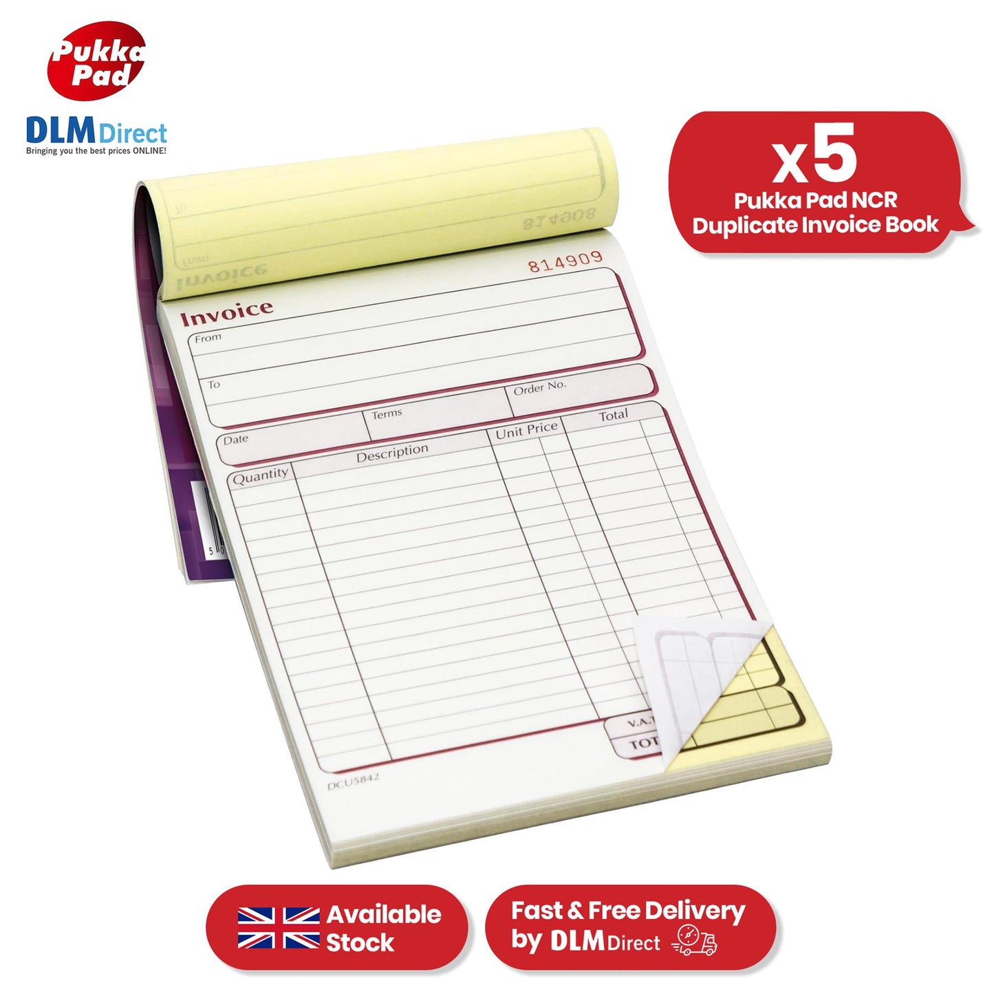 5x PUKKA PAD NCR Duplicate Invoice Book 50 Numbered Sets for Business Use