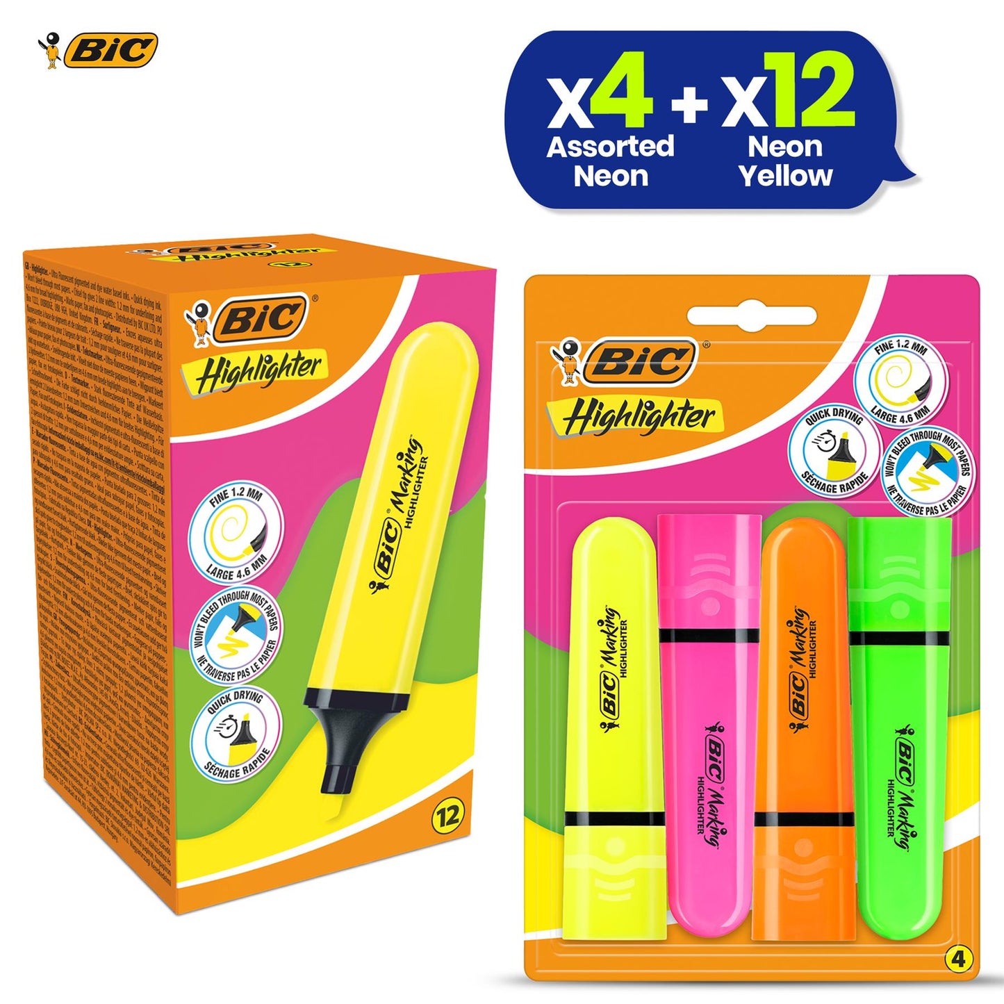 BIC Highlighter Flat Marker Neon Yellow 12x & 4x Assorted Markers