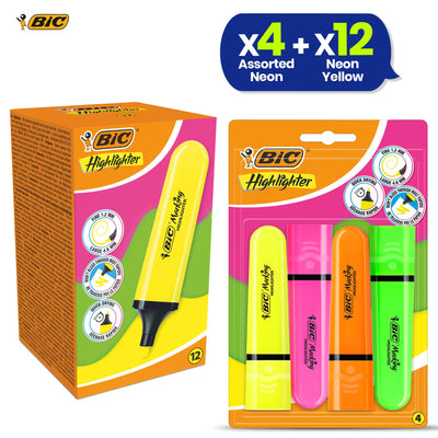 BIC Highlighter Flat Marker Neon Yellow 12x & 4x Assorted Markers