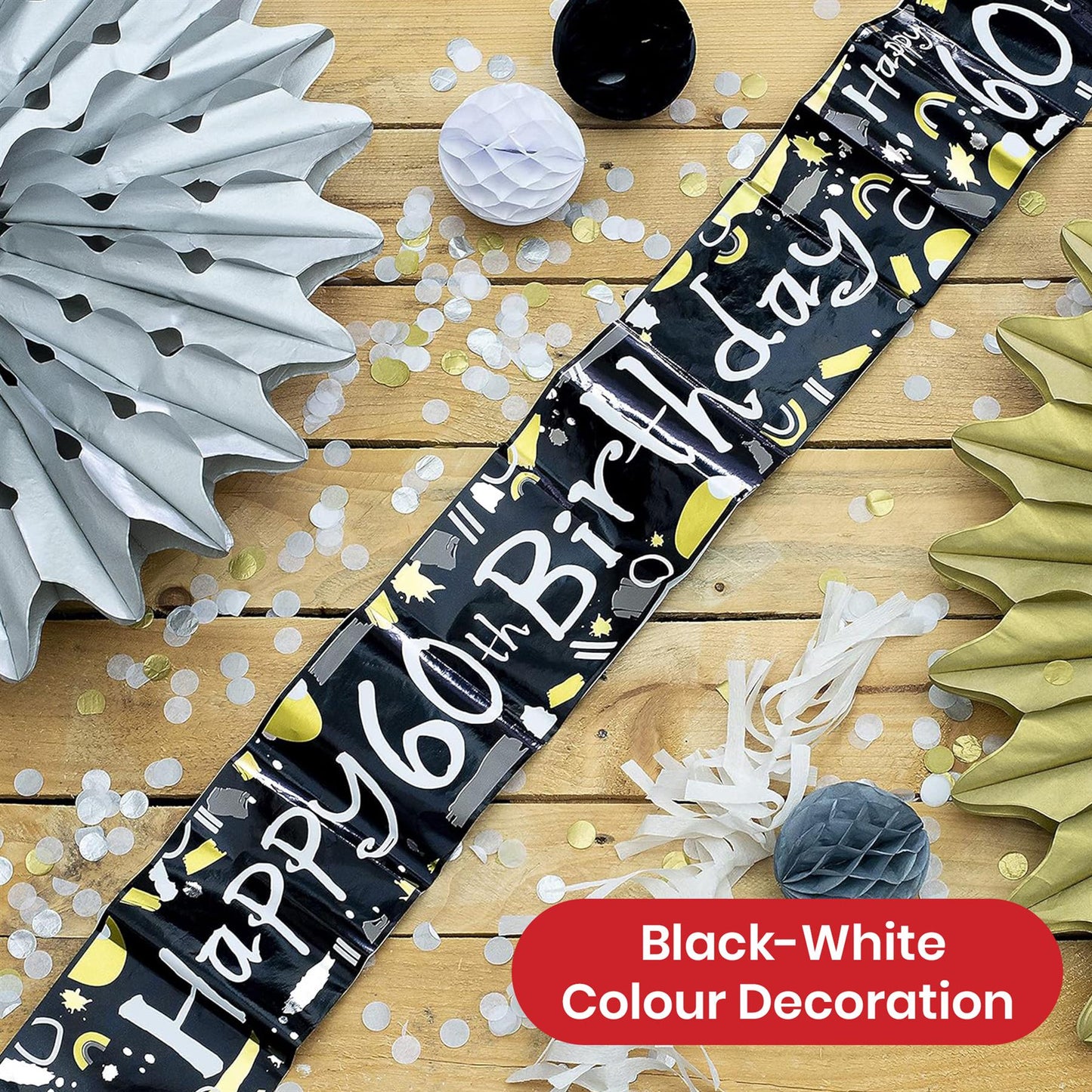 Happy 60th Birthday Black and White Banner 2.6m Party Decor for Milestone Celebration