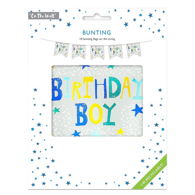 On The Wall Birthday Boy Bunting 4m with 10 Flags, Blue Reusable Party
