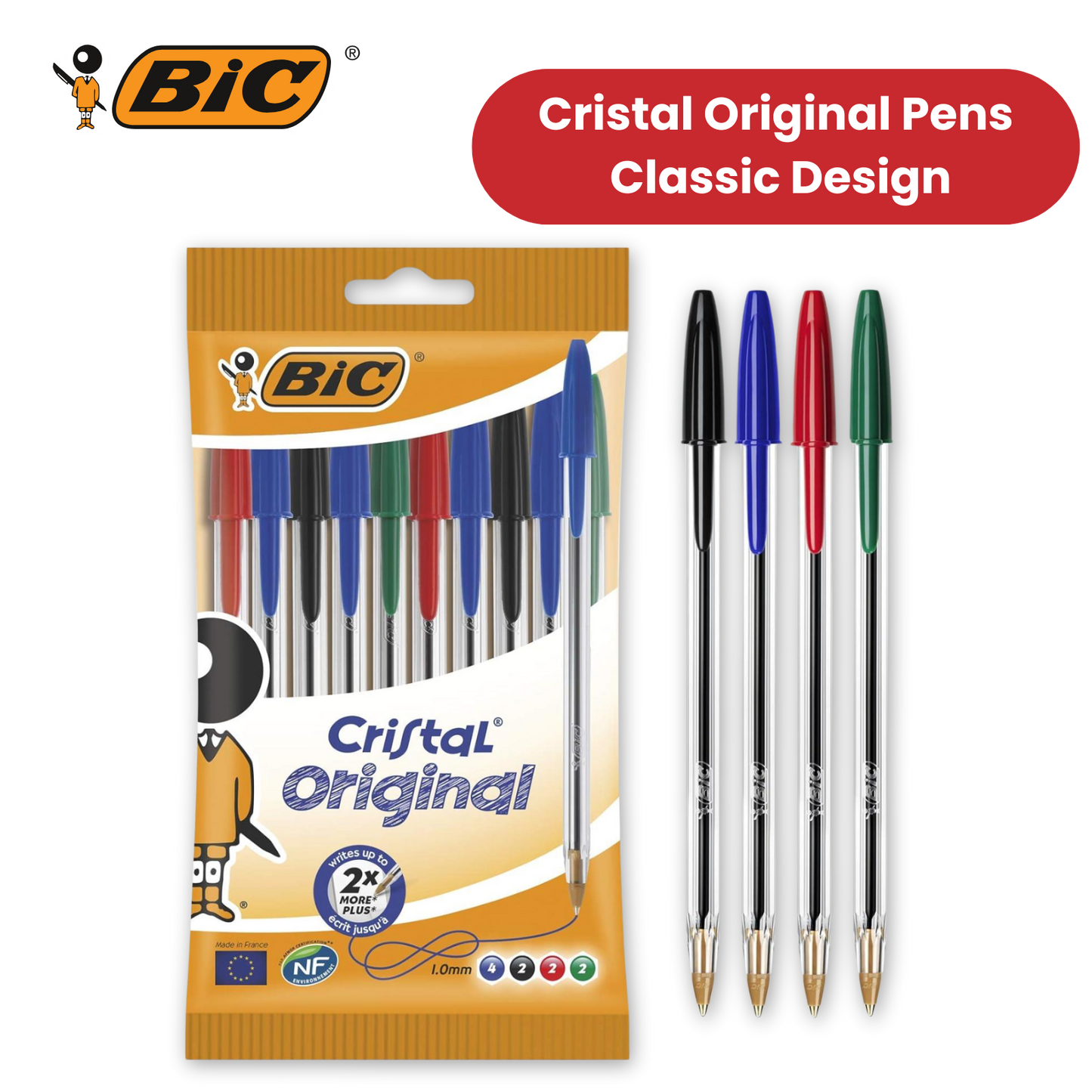 BIC Cristal Original Ballpoint Pens, Fine 1.0mm, 10 Assorted Colours, Comfortable Grip for School and Office