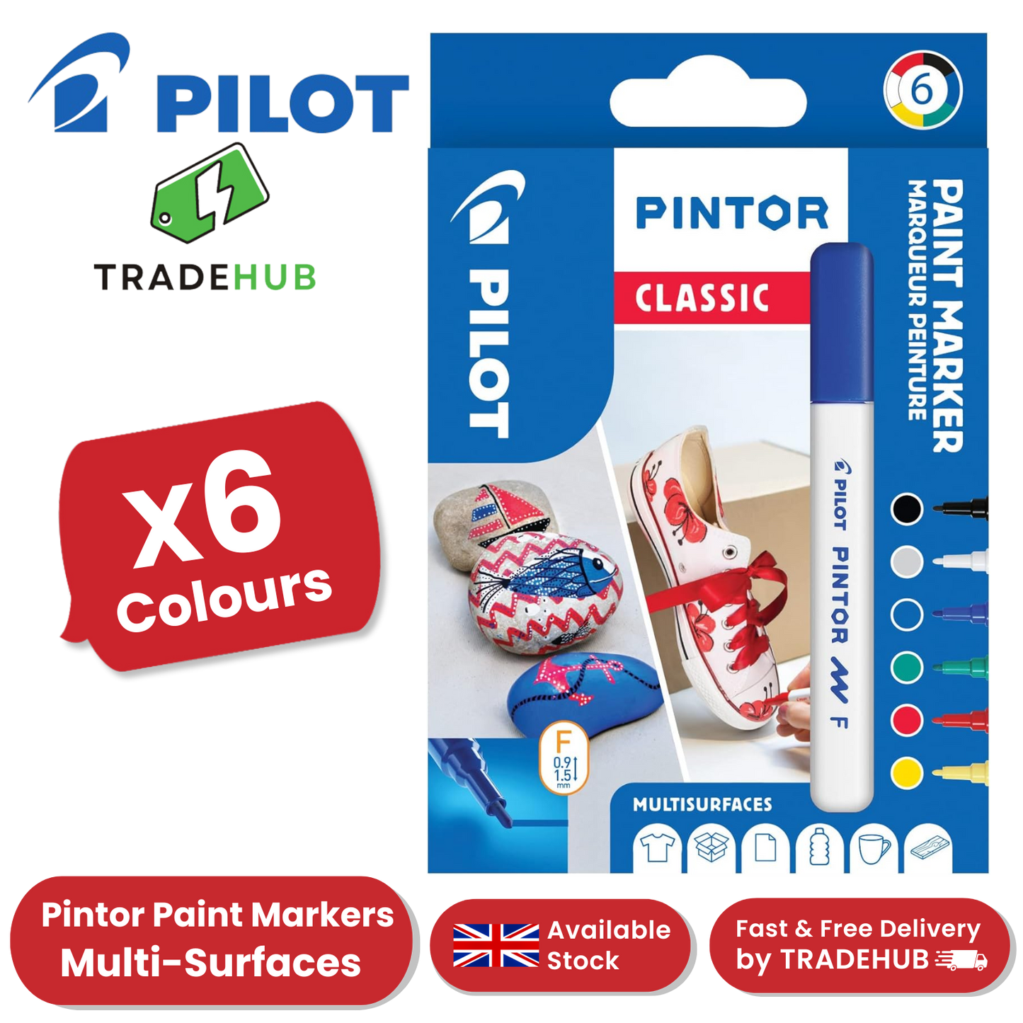 Pilot Pintor Fine 6-Color Set - Black, White, Blue, Red, Green, Yellow Markers