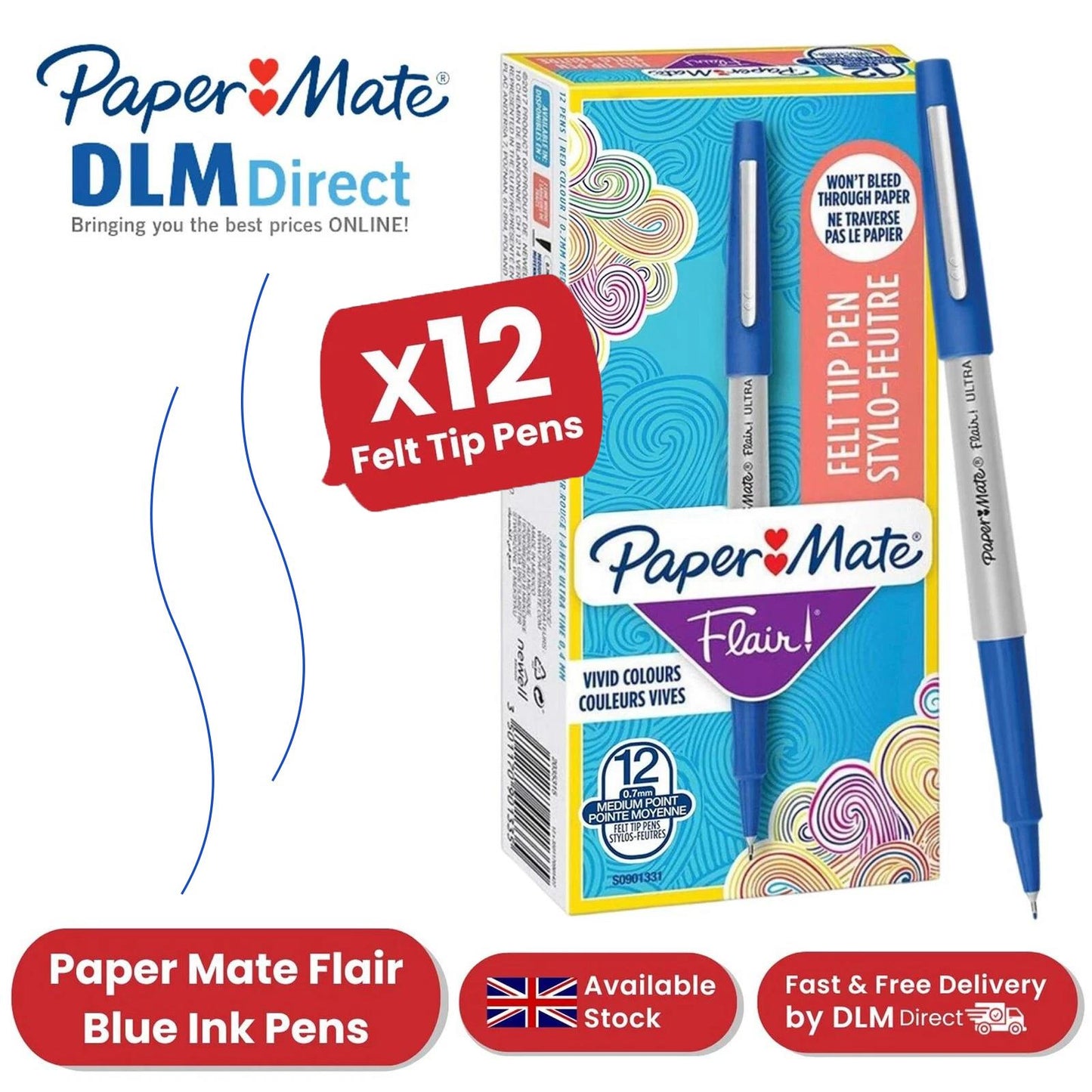 Paper Mate Flair Blue Felt Tip Pens 12 Pack, Medium Point 0.7 mm, Low Bleed