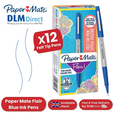 Paper Mate Flair Blue Felt Tip Pens 12 Pack, Medium Point 0.7 mm, Low Bleed