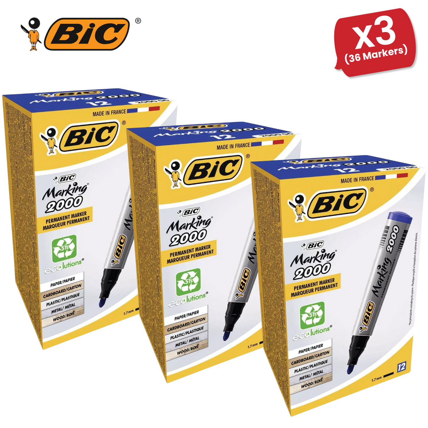 BIC Marking 2000 ECOlutions Permanent Bullet Tip Markers Blue - Box of 12 - 1 to 5 Packs