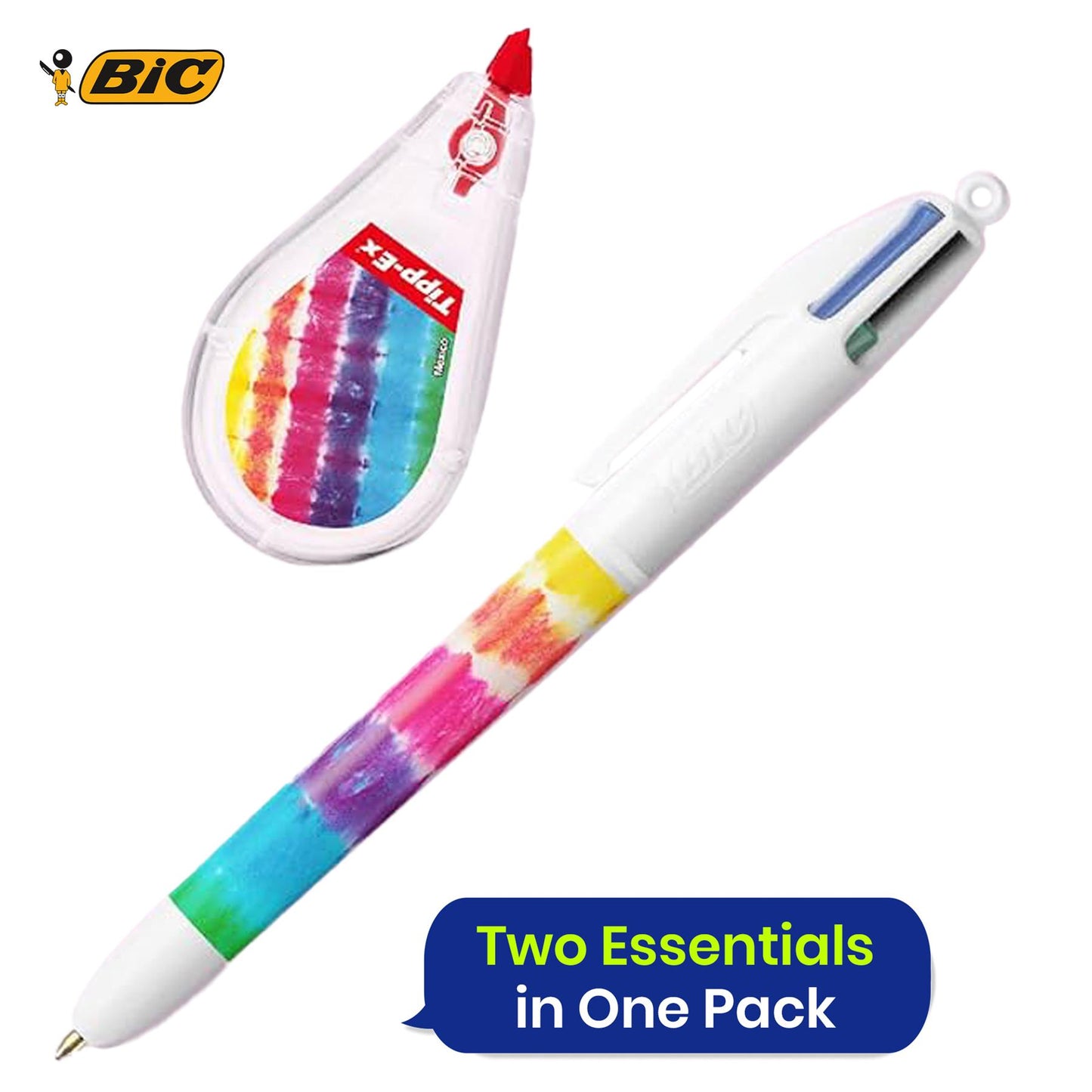 Bic 4 Colour Tie Dye - 1 Pen and 1 Tipp-Ex Mini Pocket Mouse Tie Dye - Blister Pack