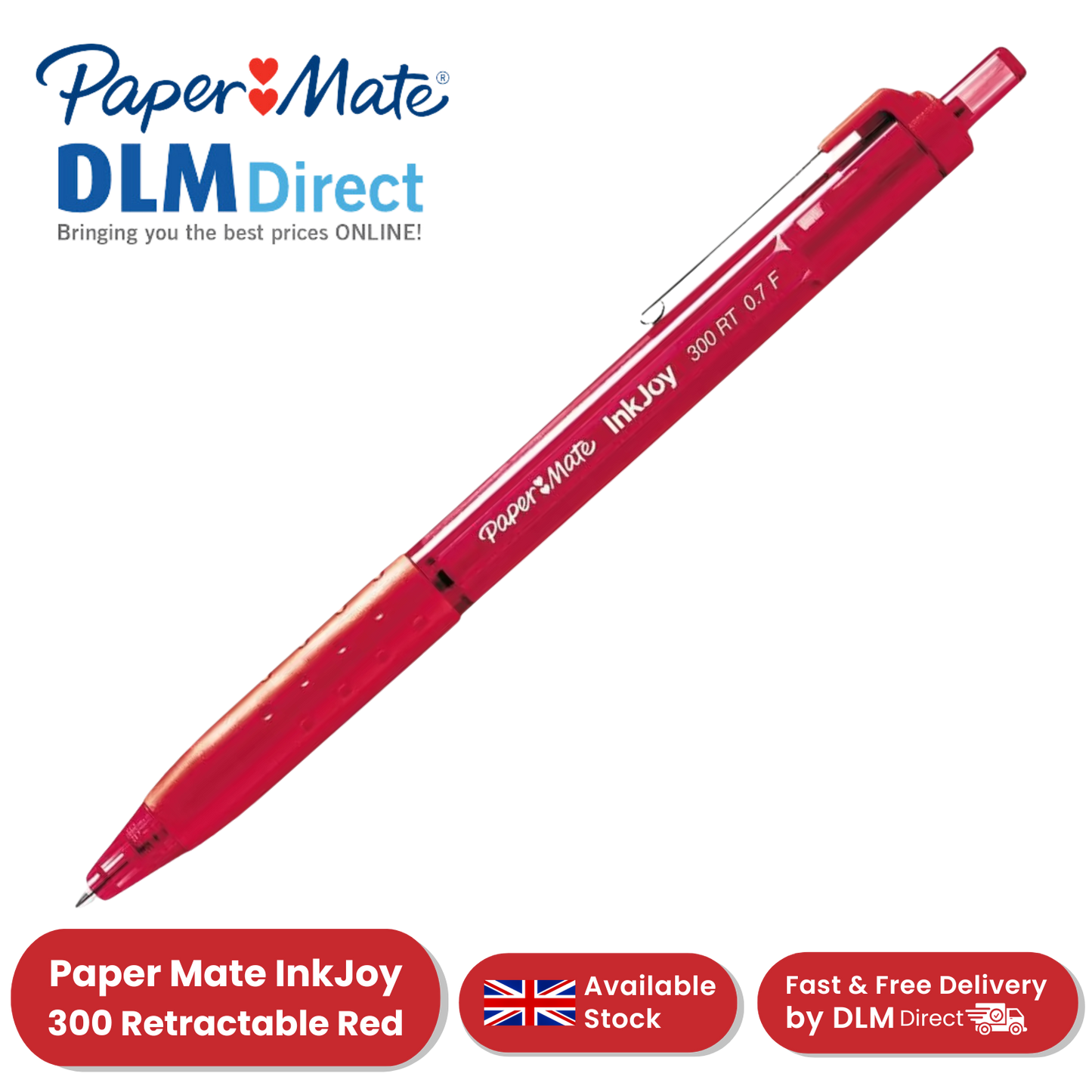 Paper Mate InkJoy 300 RT Pen Red Ink 0.7mm Fine Tip Retractable Smooth Writing