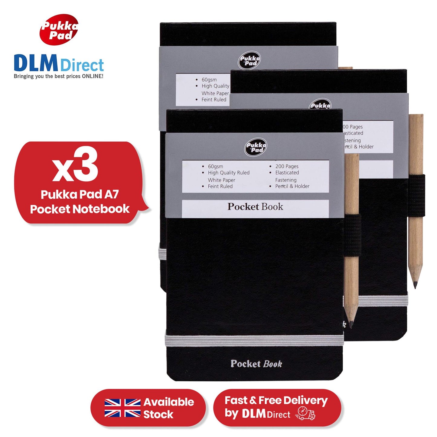 Pukka Pad Pocket Book - 200 Pgs A7 Black Notepad with Pencil & Elastic Strap for Journaling