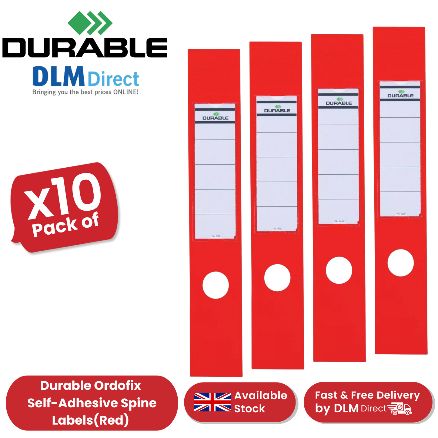 Durable Ordofix Self-Adhesive Spine Labels - Red - Pack of 10 - 60 mm Width 1-5