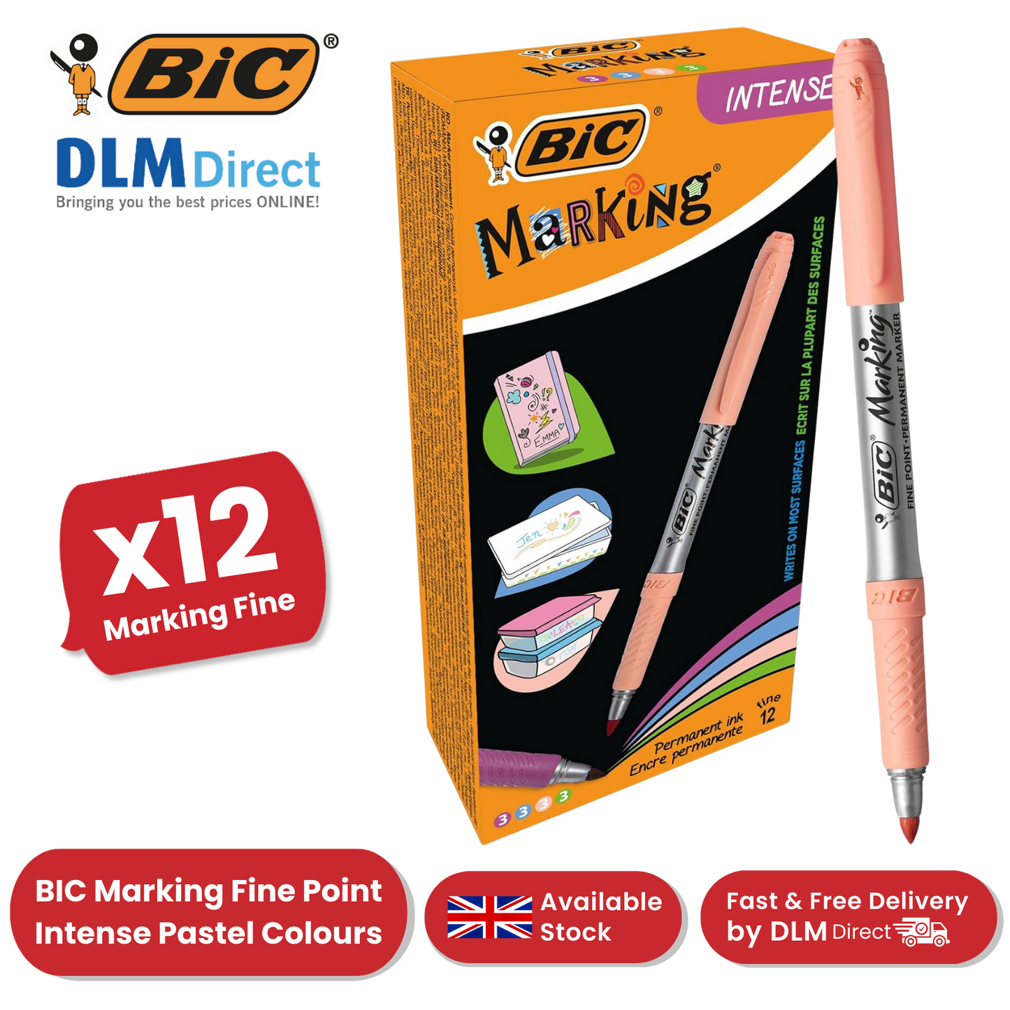 BIC Marking Permanent Markers Fine Tip Assorted Intense & Pastel Colours 12 Pack