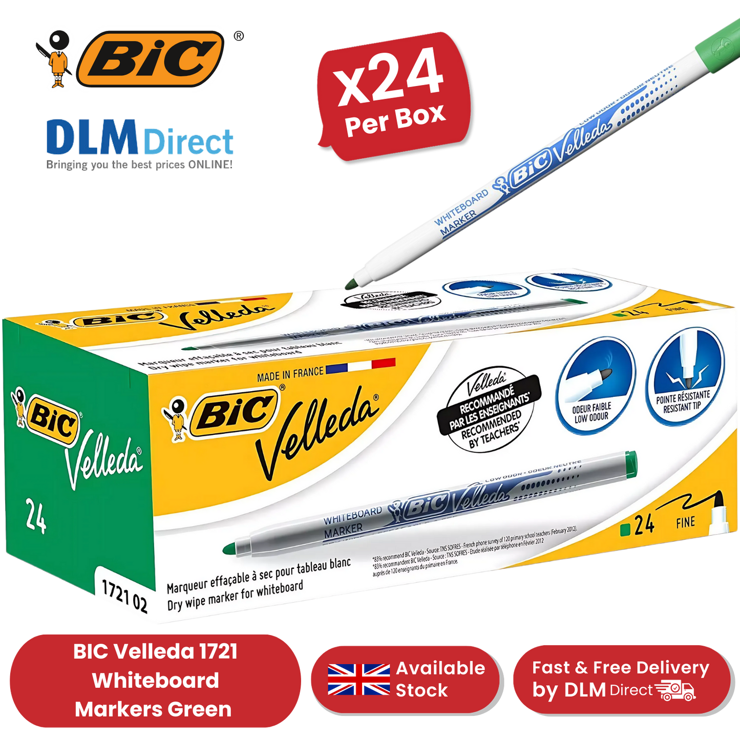 BiC Velleda 1721 Green Dry-Wipe Whiteboard Markers for Bold, Clean Writing, x24