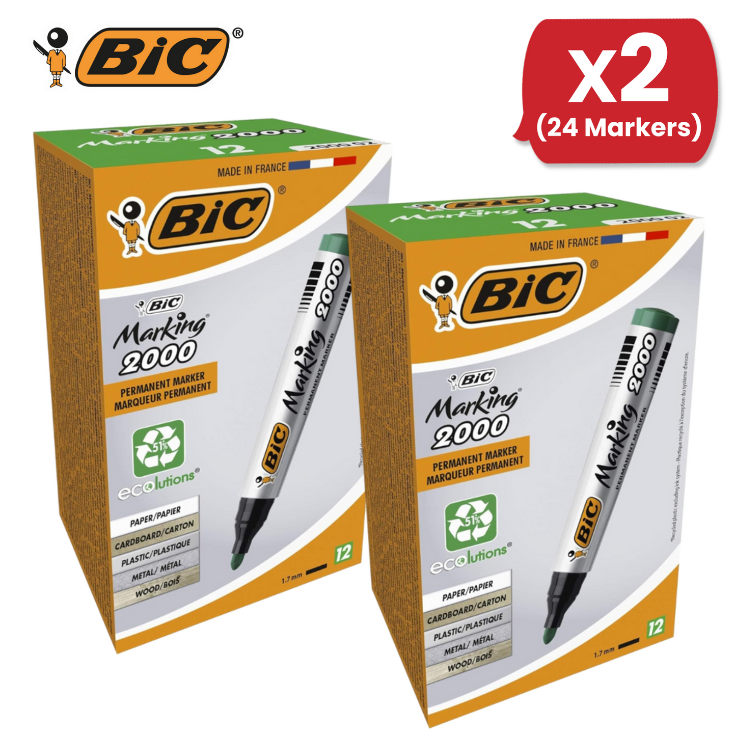 BIC Marking 2000 Ecolutions Permanent Markers Green 1.7mm Bullet Tip Pack of 12