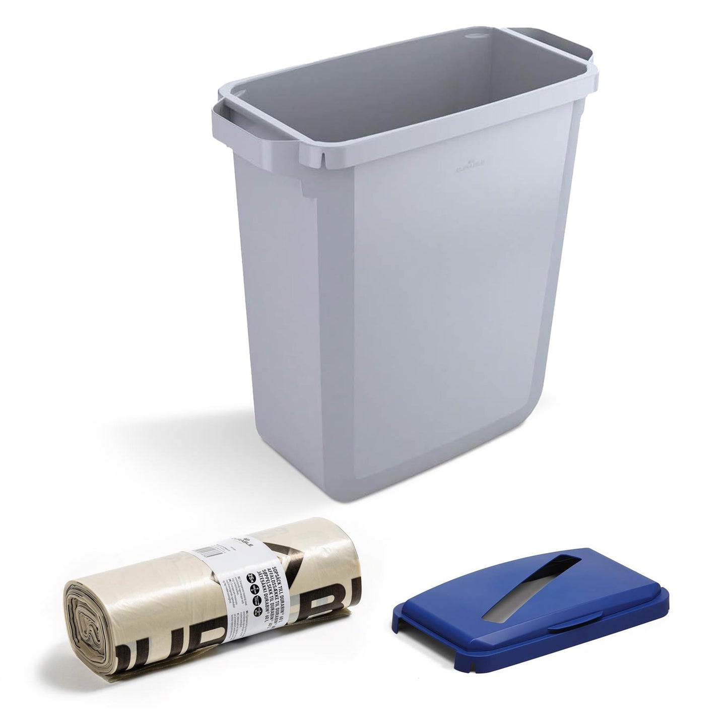 DURABIN 60L Grey Bin Set and Blue Hinged Lid with Paper Slot & 25x 110L Bin Bags