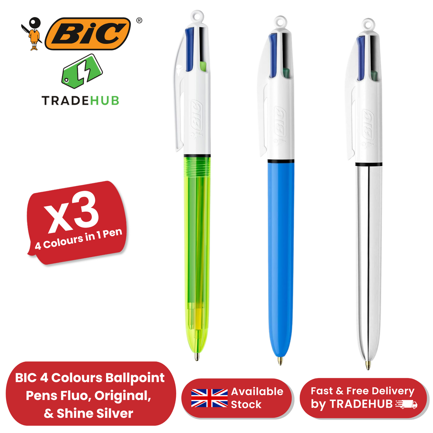 Bic 4 Colour Pack of 3 - 1 Original + 1 Shine Silver + 1 Fluo