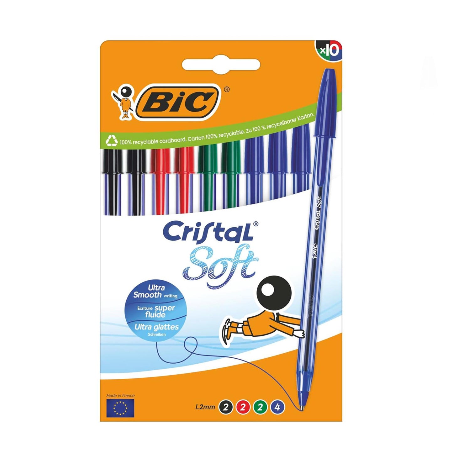 BIC Cristal Soft Ballpoint Pens Pack of 10 with 1.2mm Medium Tip Blue Ink for Office and School Use