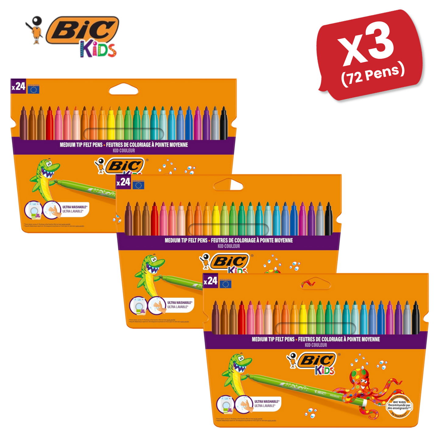 BIC Kids Felt Tip Pens with Medium Blocked Tip 24 Colours