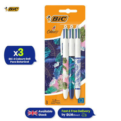 BIC 4 Colours Ball Pens Botanical Pack of 3 with Black Blue Red Green Ink