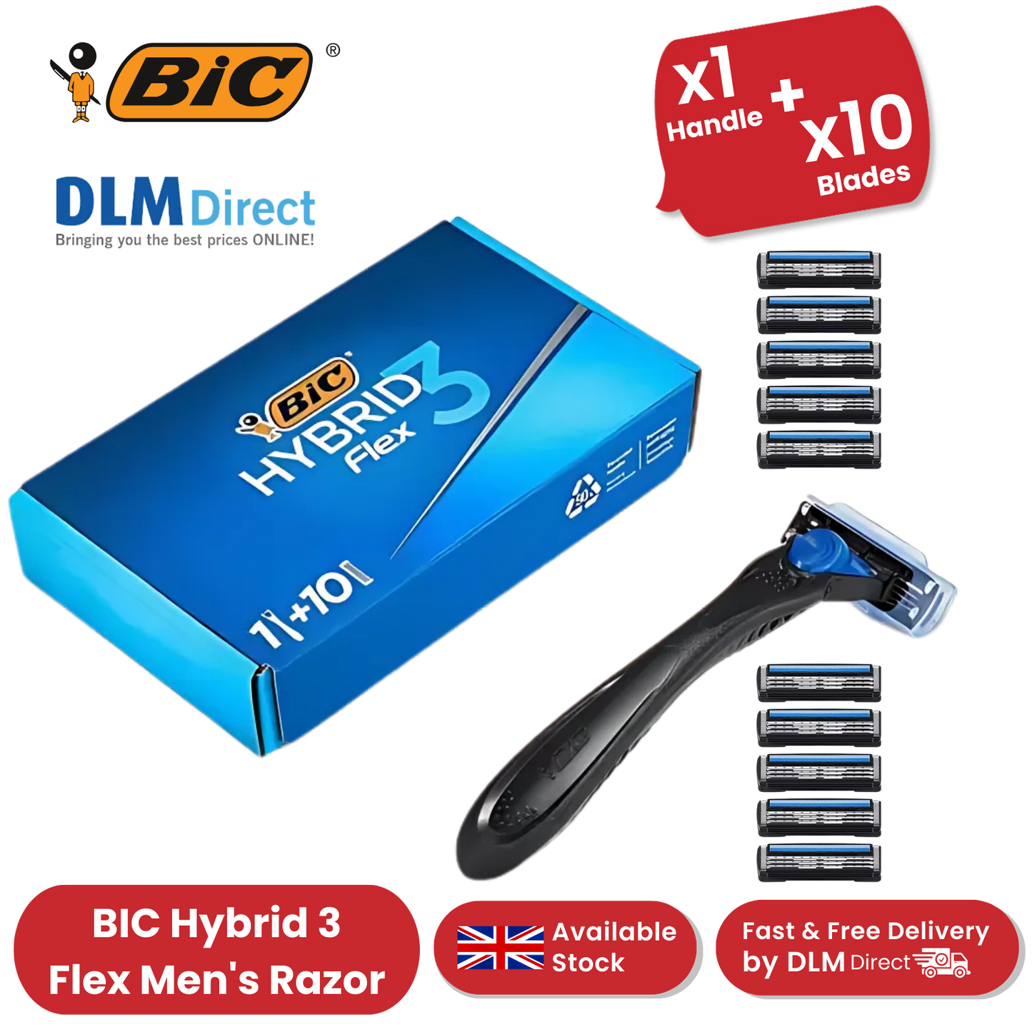BIC Hybrid 3 Flex Refillable Men's Razor - 1 Handle + 10 Blades Pack