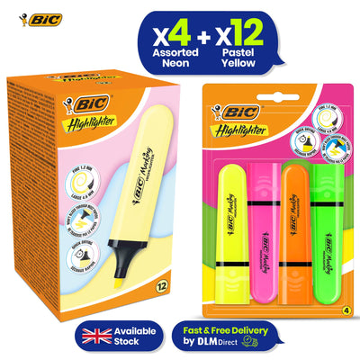 BIC Highlighter Flat Marker Pastel Yellow Pack of 12 & 4x Assorted  Neon Chisel Tip Quick Dry