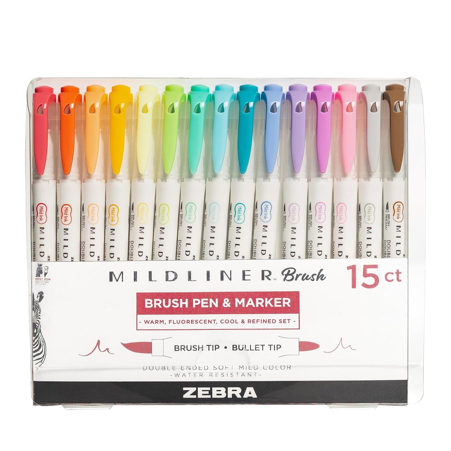 Zebra Mildliner Dual Tip Highlighter Pens Set of 15 Pastel Colours with Brush and Bullet Tip Ink