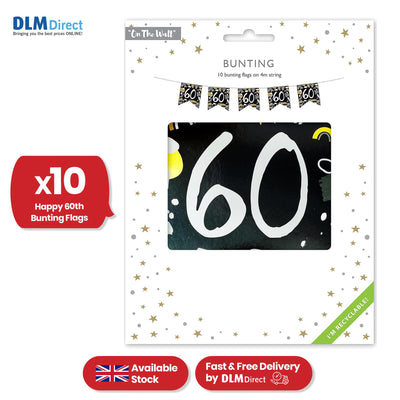 On The Wall Happy 60th Birthday Black and White Bunting 4m 10 Flags Garland