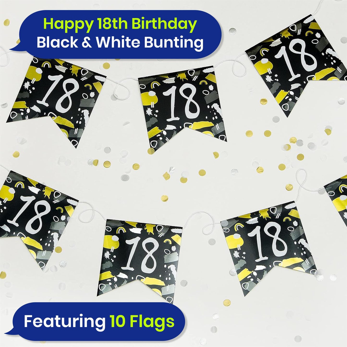 Happy 18th Birthday Black and White Bunting 4M Party Banner with 10 Flags Durable
