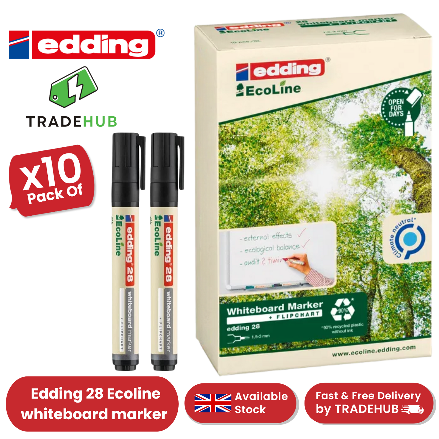 edding 28 Ecoline whiteboard marker - black - box of 10 whiteboard pens 2-36