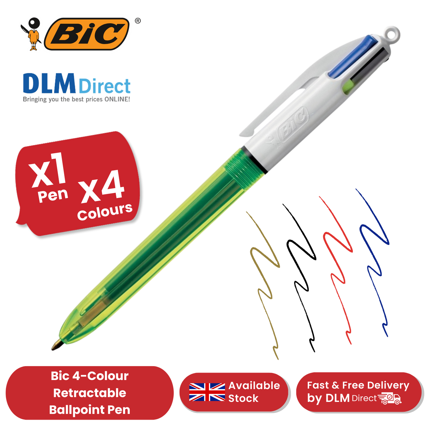 Bic 4 Colours Fluo Retractable Ballpoint Pen - Pack of 1