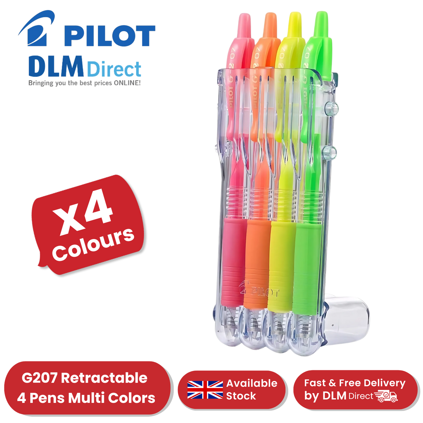 Pilot G207 Retractable Gel Pens Neon - Green, Yellow, Orange & Pink - Pack of 4