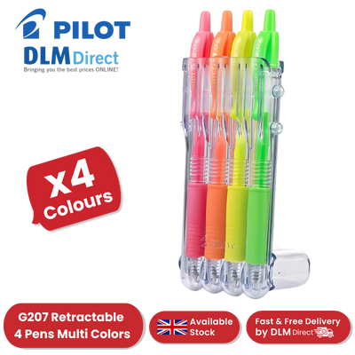 Pilot G207 Retractable Gel Pens Neon - Green, Yellow, Orange & Pink - Pack of 4
