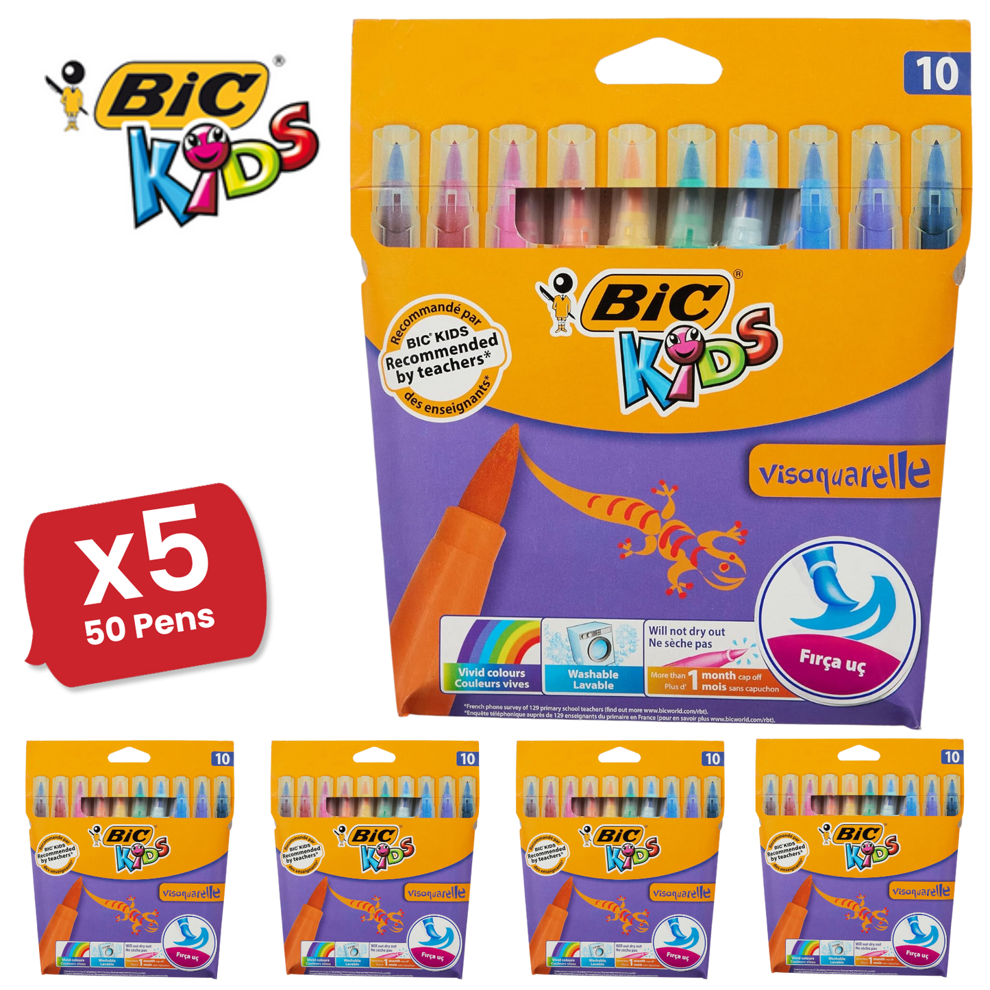 BIC Kids Visaquarelle Colouring Pens - Pack of 10 - 1 to 5 Packs