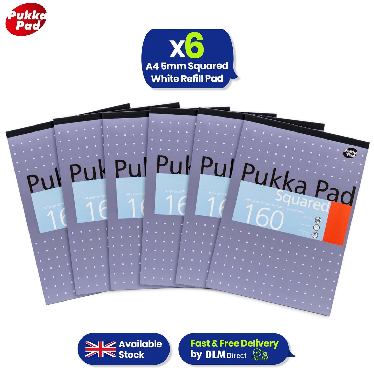 6x PUKKA PAD A4 Squared White Pad 160 Pages 5mm Grid for Maths and Technical Work