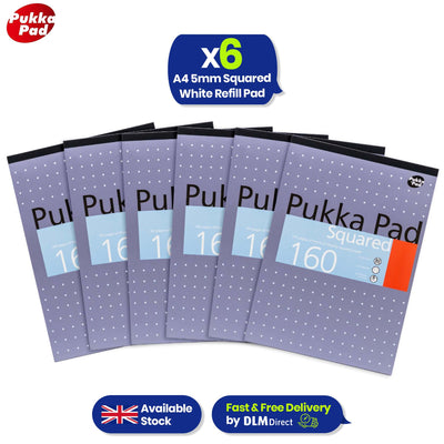 6x PUKKA PAD A4 Squared White Pad 160 Pages 5mm Grid for Maths and Technical Work