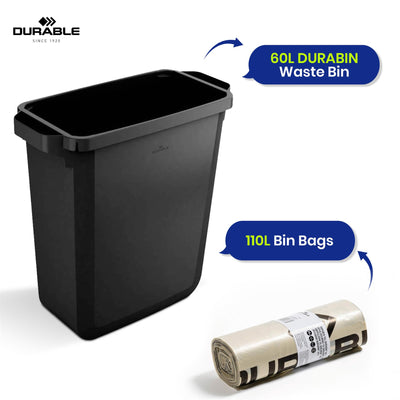 110L Bin Bags 25 Pack and 60L DURABIN Waste Bin Bundle Strong Recycled Plastic Set