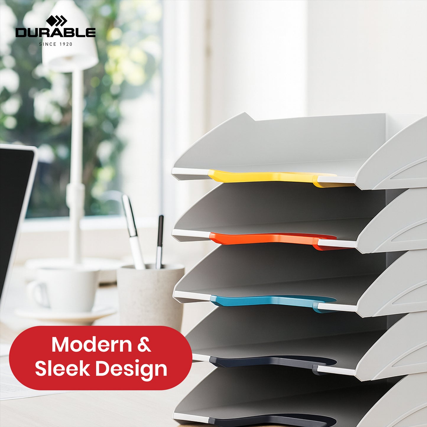 Durable VARICOLOR Letter Trays - 5 ABS Paper Organiser, Colour Grip Handles A4 Paper Trays for Desk
