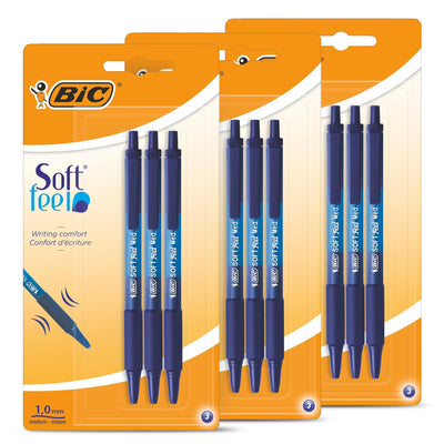 BIC Soft Feel Ballpoint Pens - Blue - 3 Blister Packs of 3