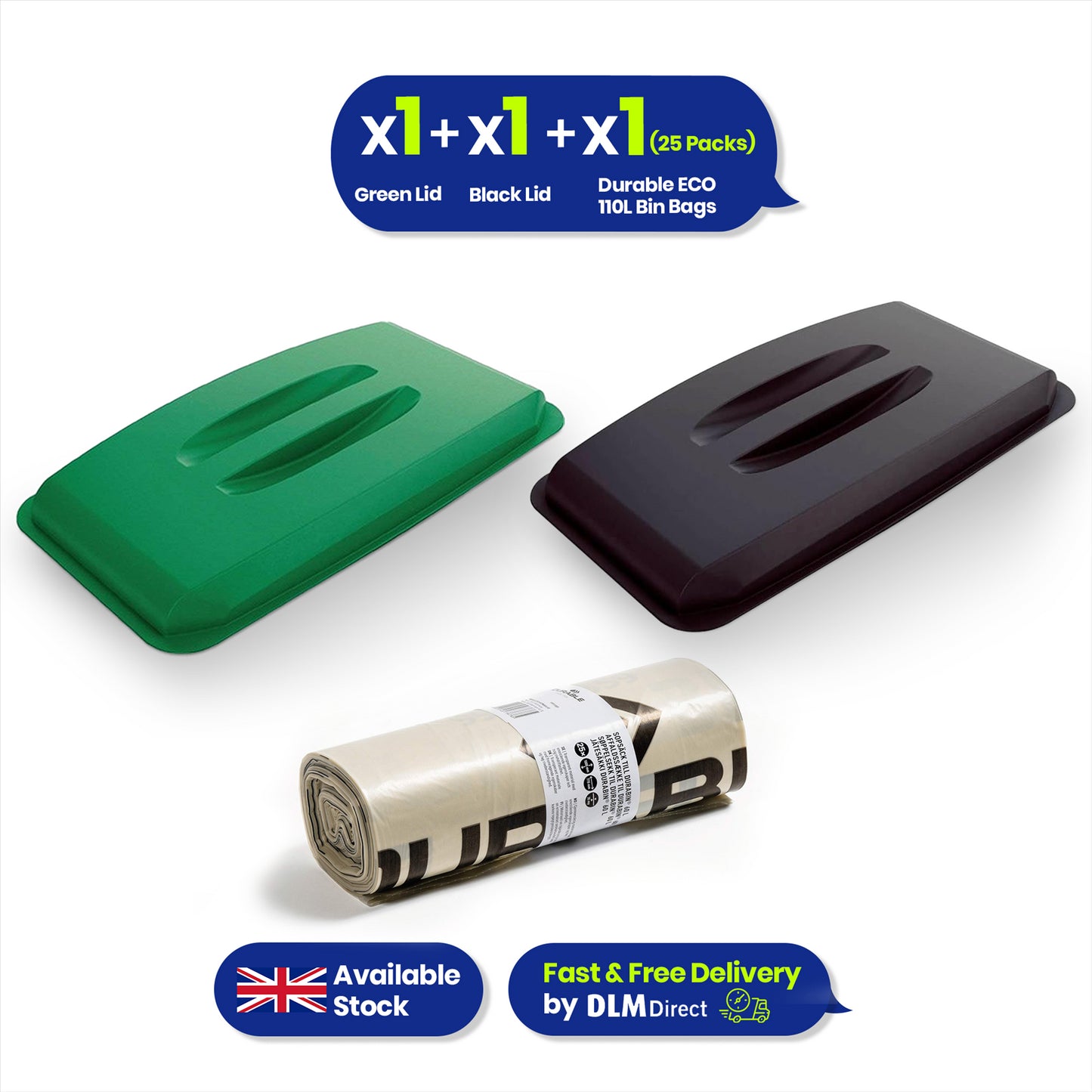 DURABIN 60L Green and Black Lids and 25x 110L Recycled Bin Bags Set