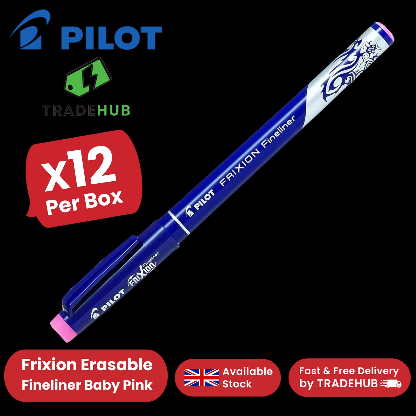 Pilot Frixion Fineliner Felt Pen Vibrant Baby Pink Erasable Ink - Pack of 12