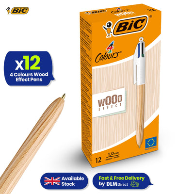 BIC 4-Colour Wood Effect Pens Pack of 12 Retractable Medium Point for Office School Home
