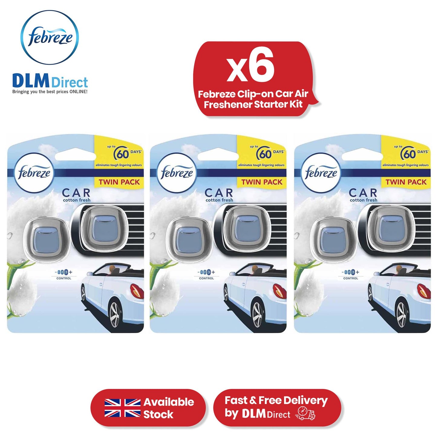 Febreze Clip-On Car Air Freshener - 2ml Cotton Fresh Gel Air Freshener for Bad Smell (Pack of 6)